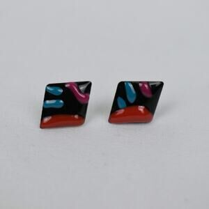90s retro vintage black/red/teal enamel diamond shape small flat stud earrings
